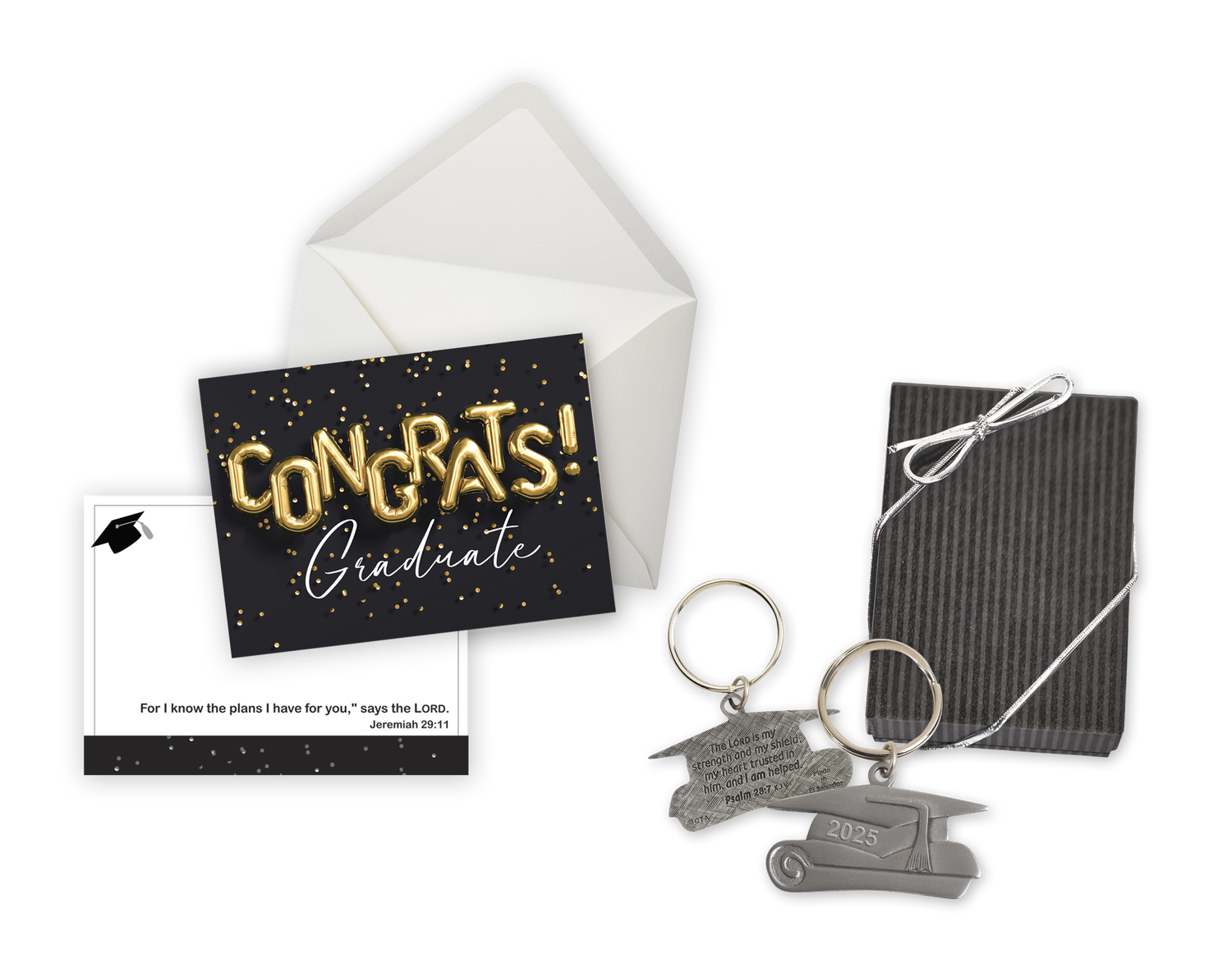 2025 graduation key chain in gift box and graduation note card with envelope