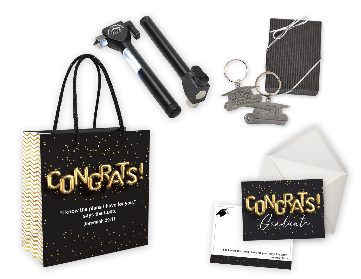Christian Graduation Gift Set with 2025 dated key chain, note card & envelope, gift bag, and emergency tool