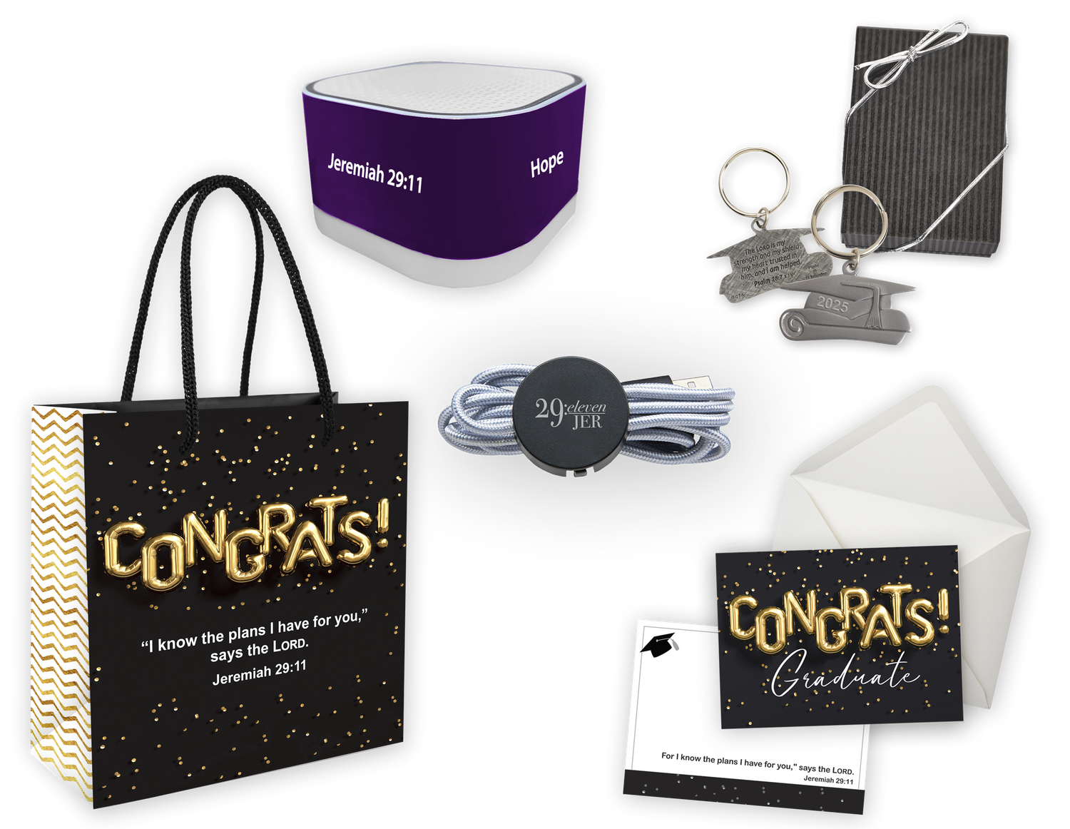 Gift set for Christian graduates with Bluetooth speaker, charging cord, 2025 dated key chain, note card & envelope