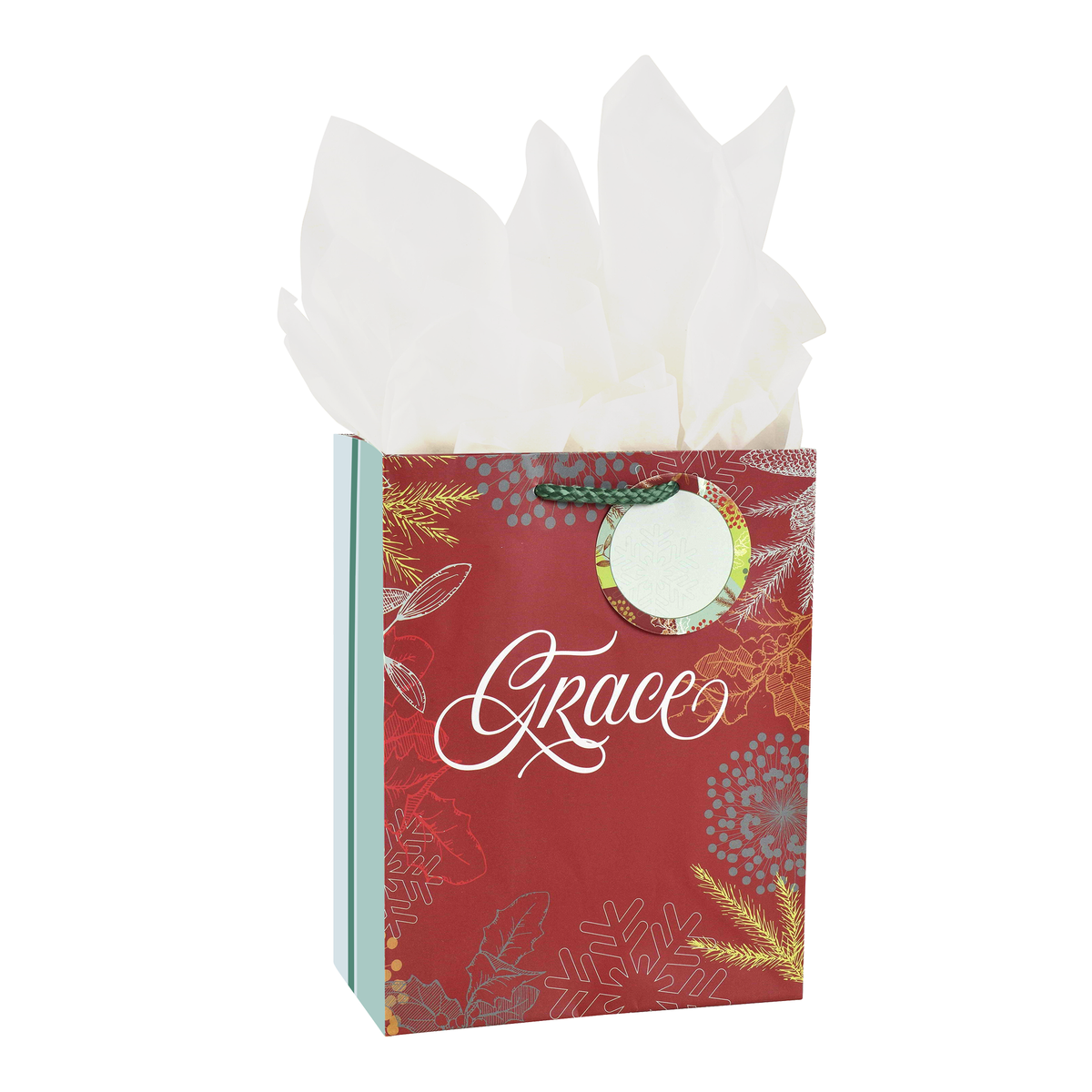 A red holiday-themed gift bag with white tissue paper fanned out at the top. The bag features a red background decorated with gold and silver winter motifs, including snowflakes, pine branches, and a blueberry pattern by CTA Christ to All and CTA Gifts.
