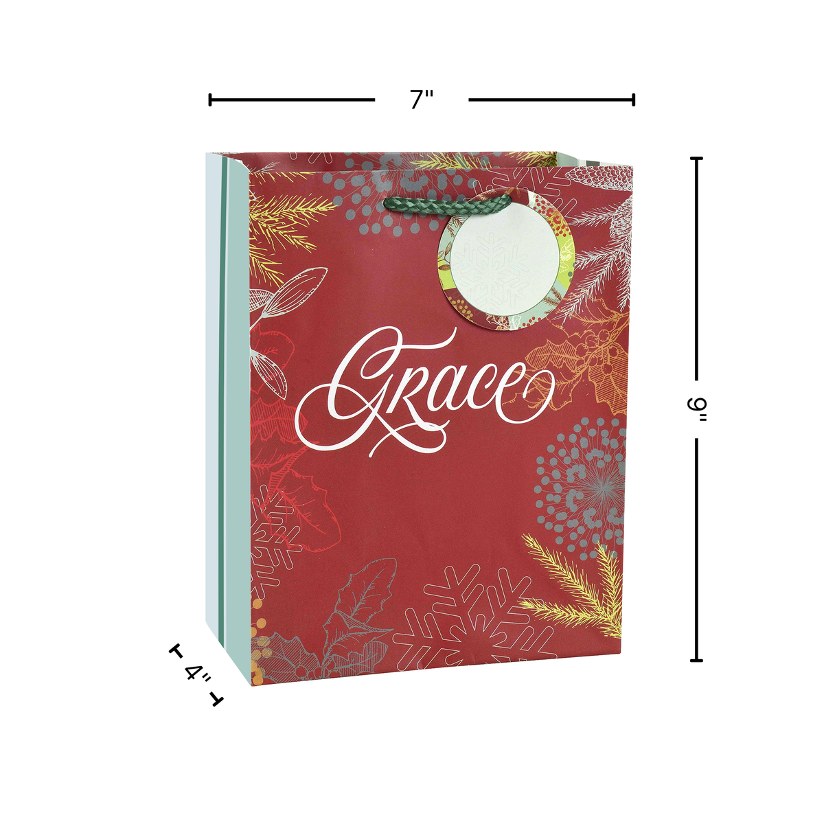 A red holiday gift bag with white script text reading 'Grace' and floral/snowflake patterns, shown with dimension lines indicating 7 inches wide, 6 inches tall, and a 4-inch side depth by CTA Christ to All and CTA Gifts.