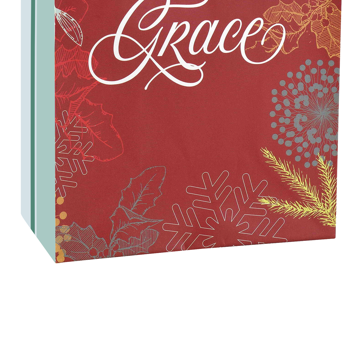 A red gift box or book-style package with the word "Grace" in large white script at the top, decorated with white, gray, and gold holiday illustrations including snowflakes, leaves, berries, and pine branches. The package is shown at an angle on a white background by CTA Christ to All and CTA Gifts.