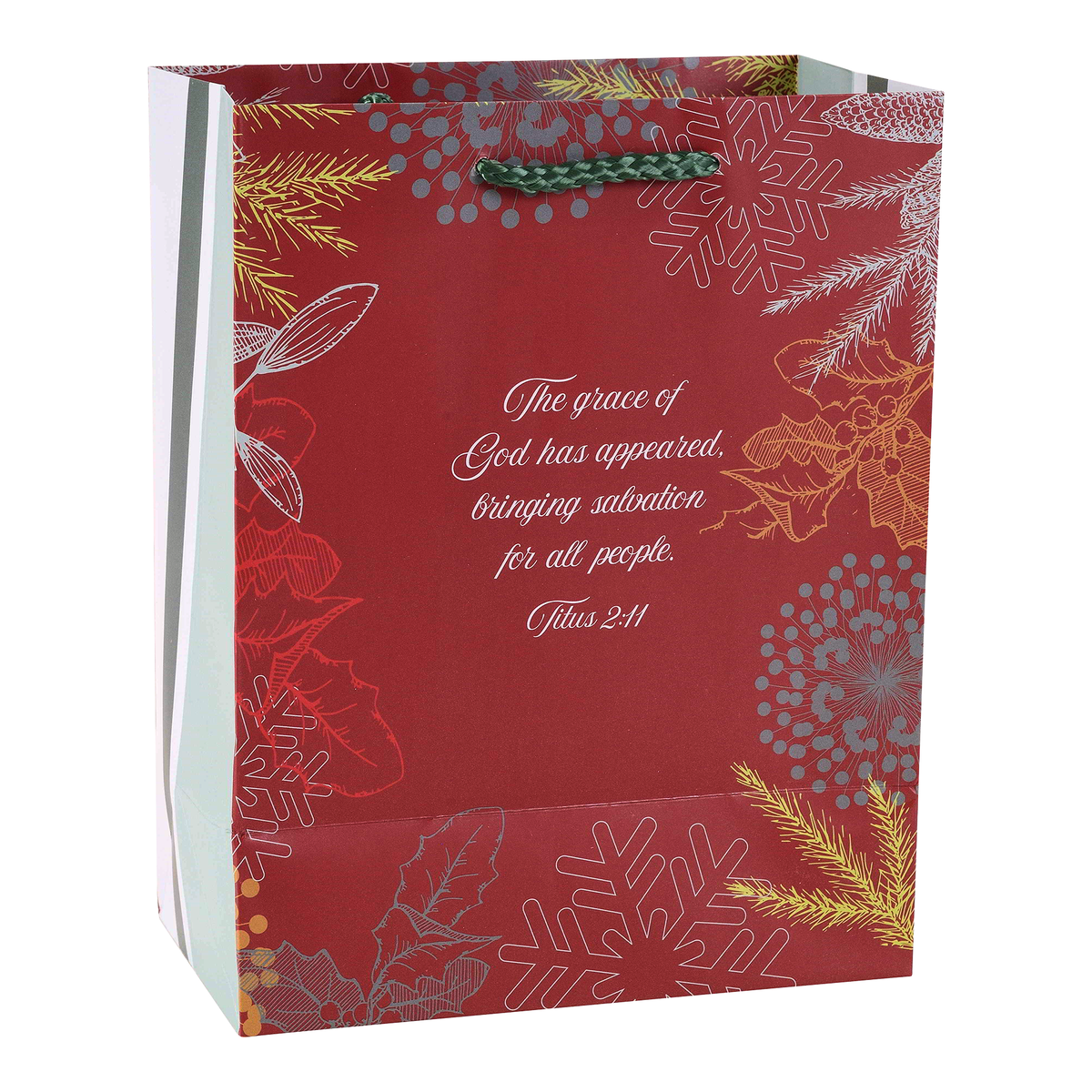 A red Christmas-themed gift bag with white and gold holiday illustrations, including snowflakes, pine branches, and holly. The front features a printed Bible verse from Titus 2:11 in white script by CTA Christ to All and CTA Gifts.