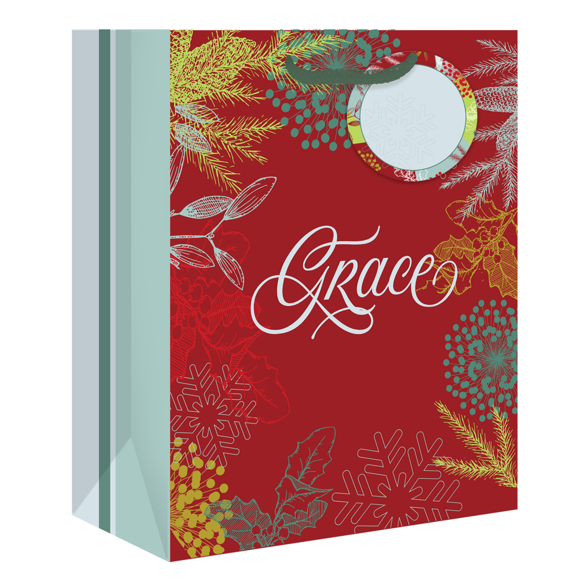 A red gift bag with a festive holiday design, featuring the word 'Grace' in white script, snowflakes, pine branches, berries, and a circular hanging tag with a mirror by CTA Christ to All & CTA Gifts.