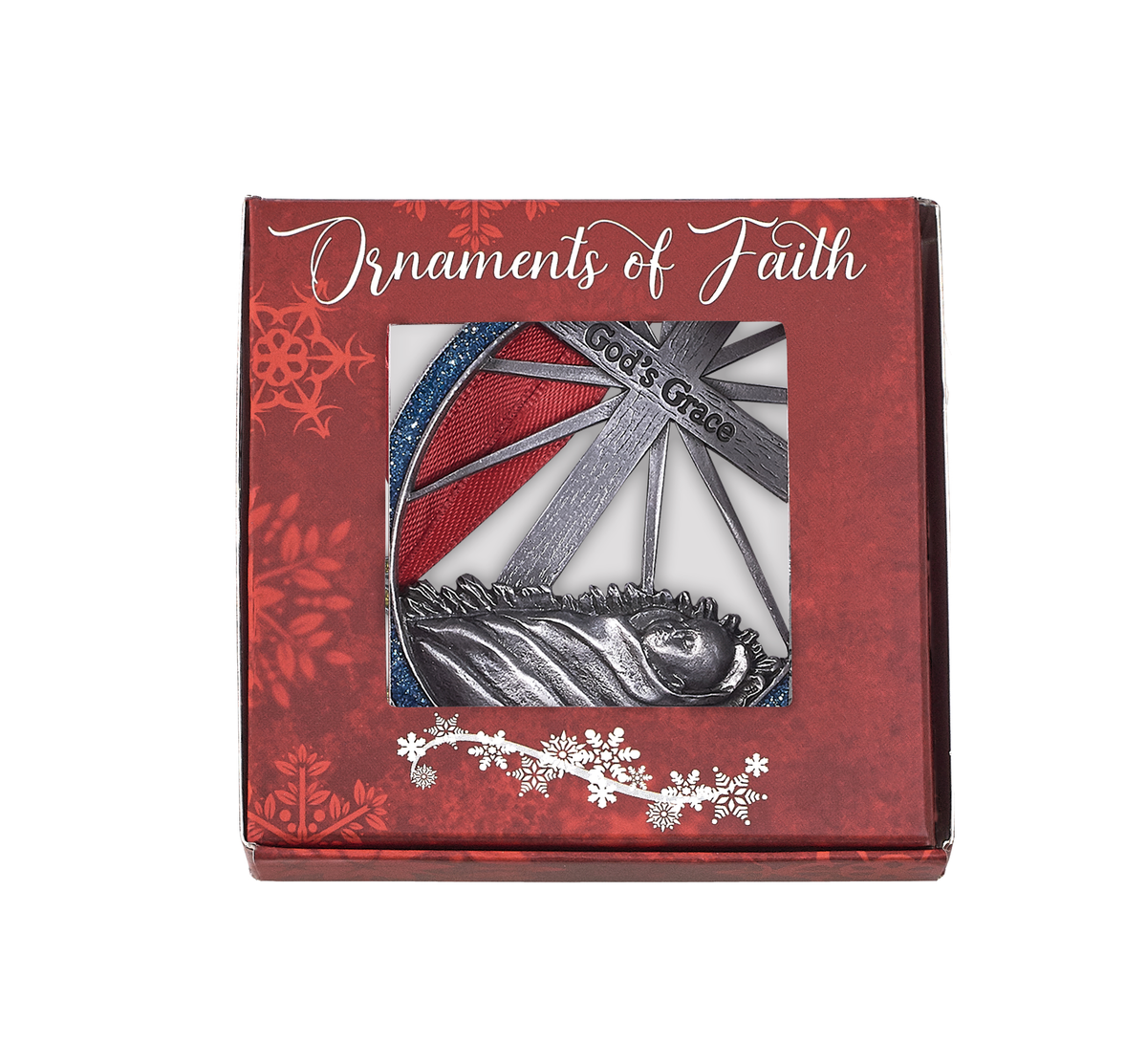 Decorative "Ornaments of Faith" ornament gift box with red holiday-themed packaging and a preview window showing a nativity ornament featuring baby Jesus in a manger, silver metal detailing, stained-glass-inspired accents, and the inscription “God’s Grace" by CTA Christ to All and CTA Gifts.
