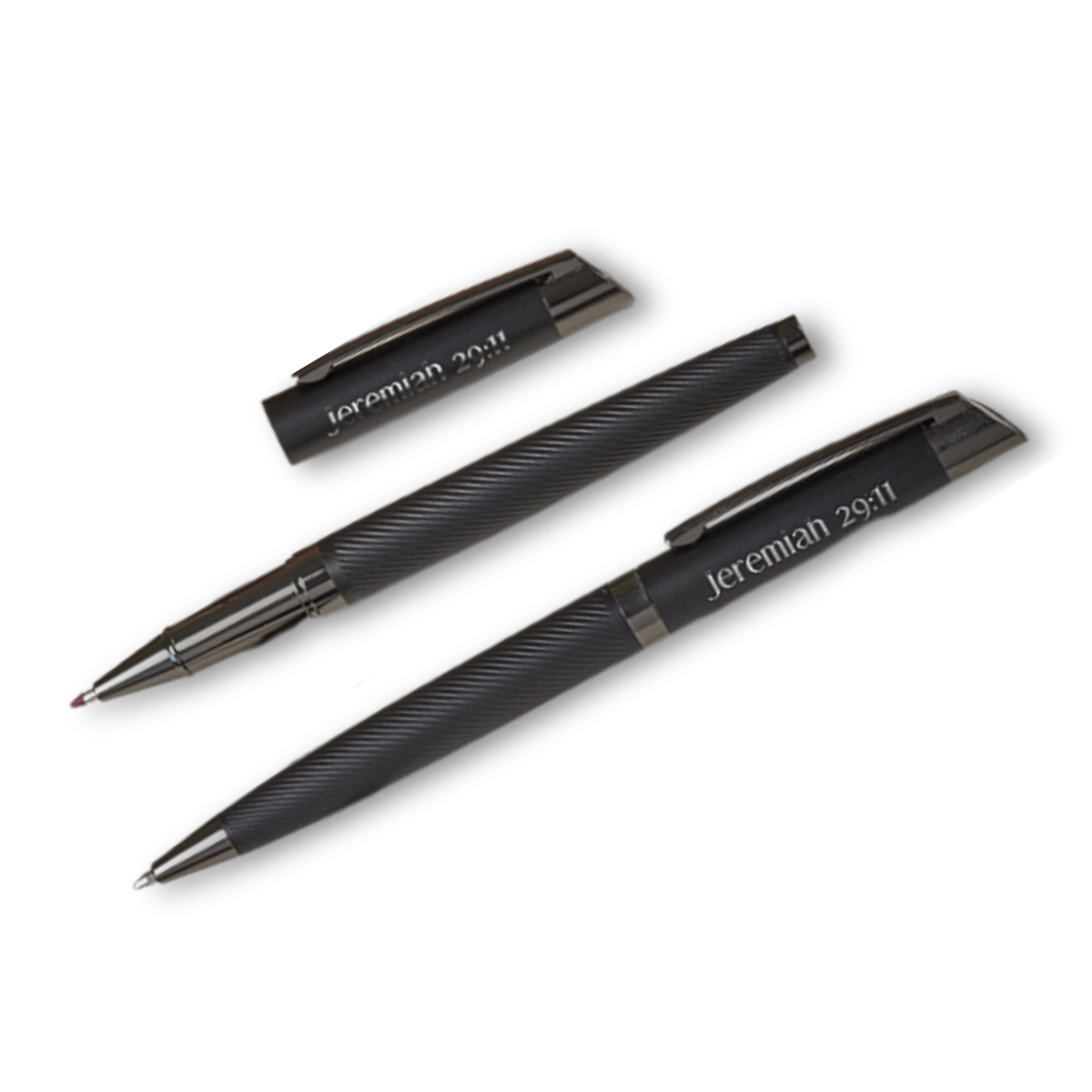 Sleek Matte Black Metal Pen Set (1 Rollerball & 1 Gel) Featuring Jeremiah 29:11