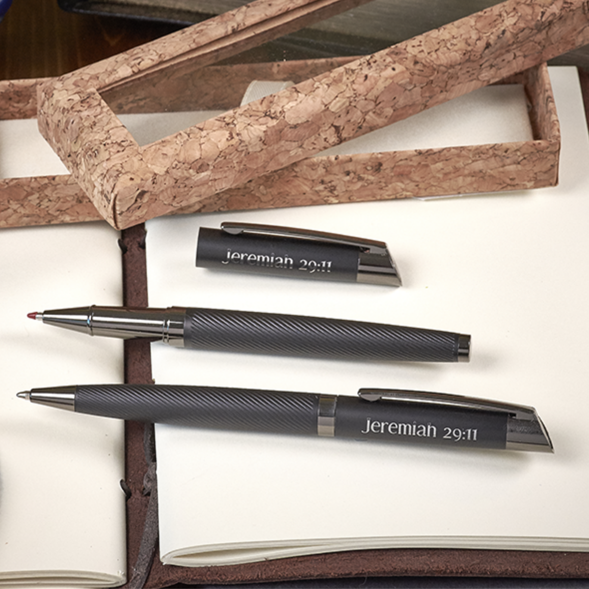 Sleek Matte Black Metal Pen Set (1 Rollerball & 1 Gel) Featuring Jeremiah 29:11