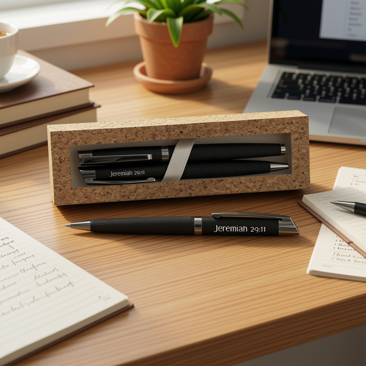 Sleek Matte Black Metal Pen Set (1 Rollerball & 1 Gel) Featuring Jeremiah 29:11