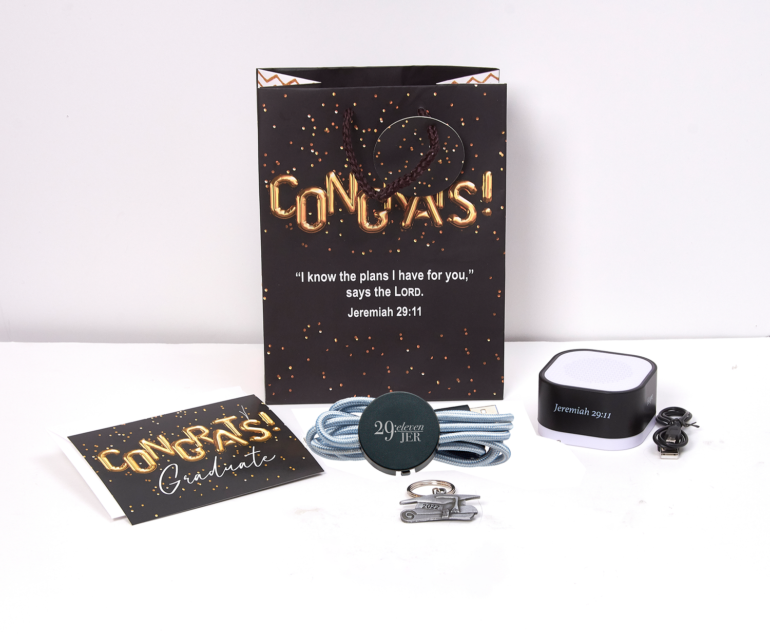Gift Set for the Christian Graduate: charging cable, keychain, bluetooth speaker, gift bag & notecard