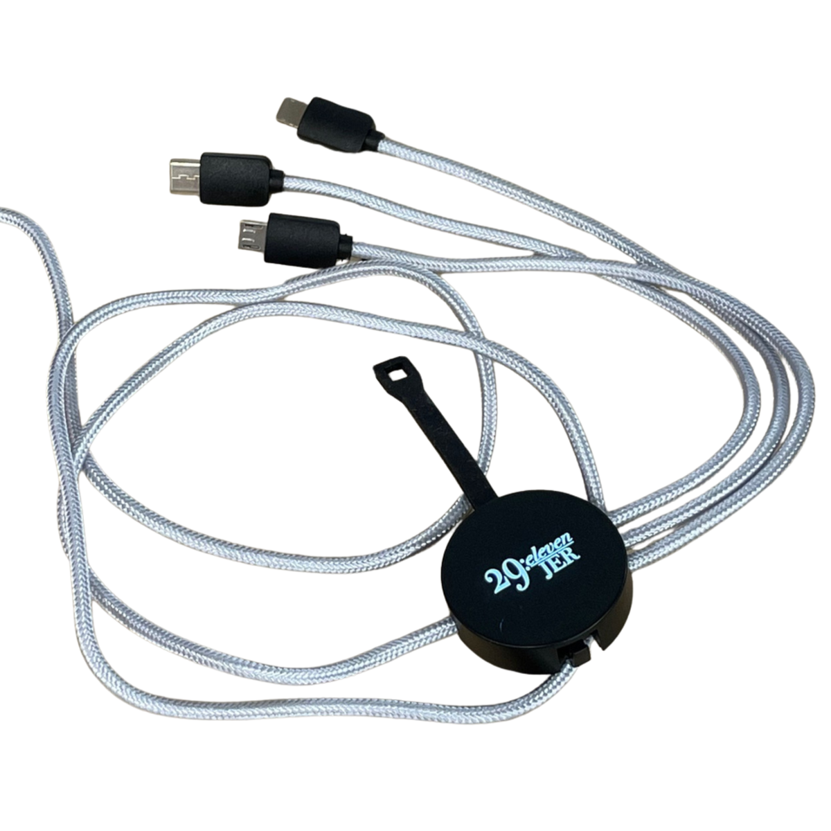 Multi-device charging cable with three connectors on a white background by CTA Christ to All & CTA Gifts.