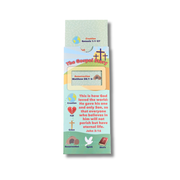 A vertical religious card or booklet titled "The Gospel Story" with illustrated sections about creation, fall, resurrection, and the cross, shown on a plain white background by CTA Christ to All and CTAKids.