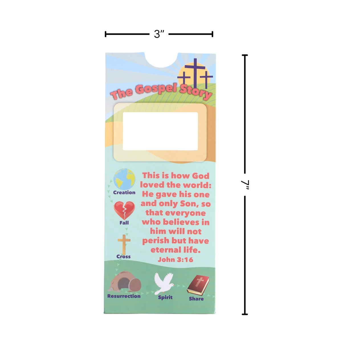 A 3x7 inch Gospel Story activity slider with colorful religious graphics, including crosses, Bible verses, and icons for Creation, Fall, Cross, Resurrection, Spirit, and Share, shown on a white background with dimension lines by CTA Christ to All and CTAKids.
