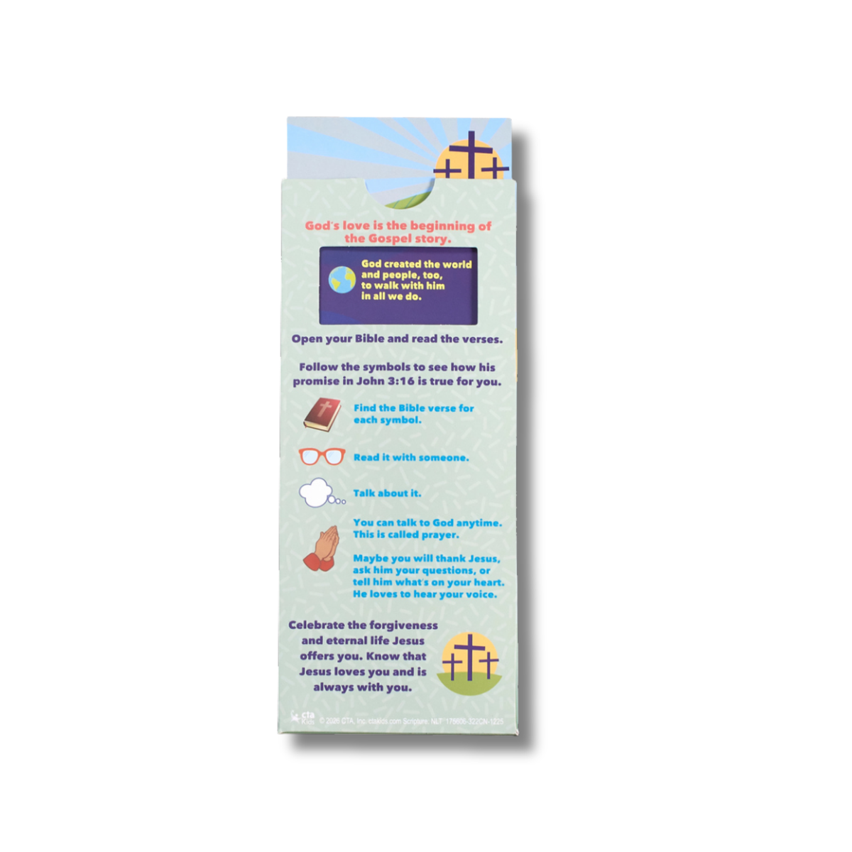 A vertical printed booklet or card with a light blue and white background, featuring colorful text about the Bible and Christian symbols, photographed on a plain white background by CTA Christ to All and CTAKids.