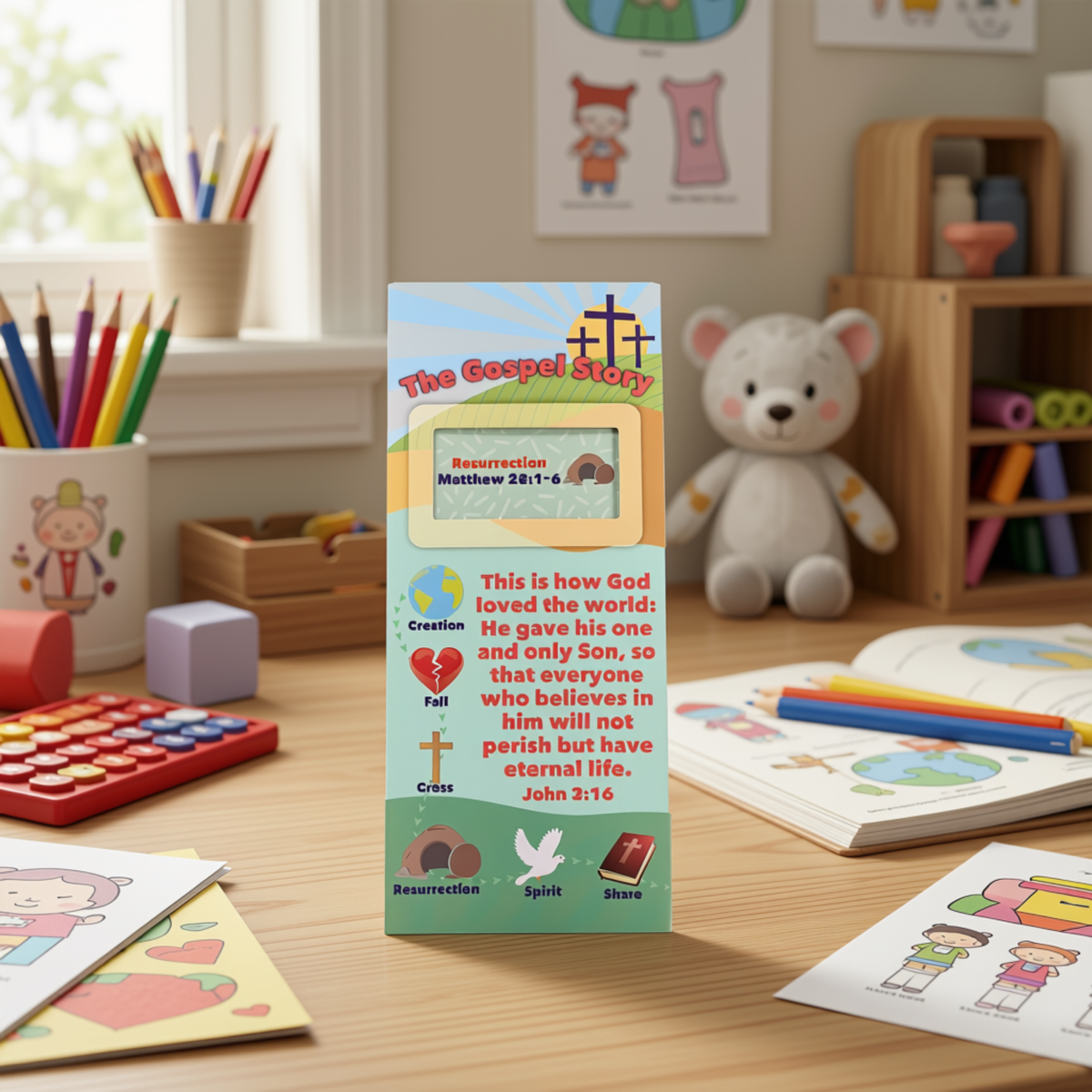 A children's educational booklet titled 'The Gospel Story' stands upright on a wooden desk in a colorful, styled classroom setting with toys, art supplies, and a stuffed bear in the background by CTA Christ to All and CTAKids.