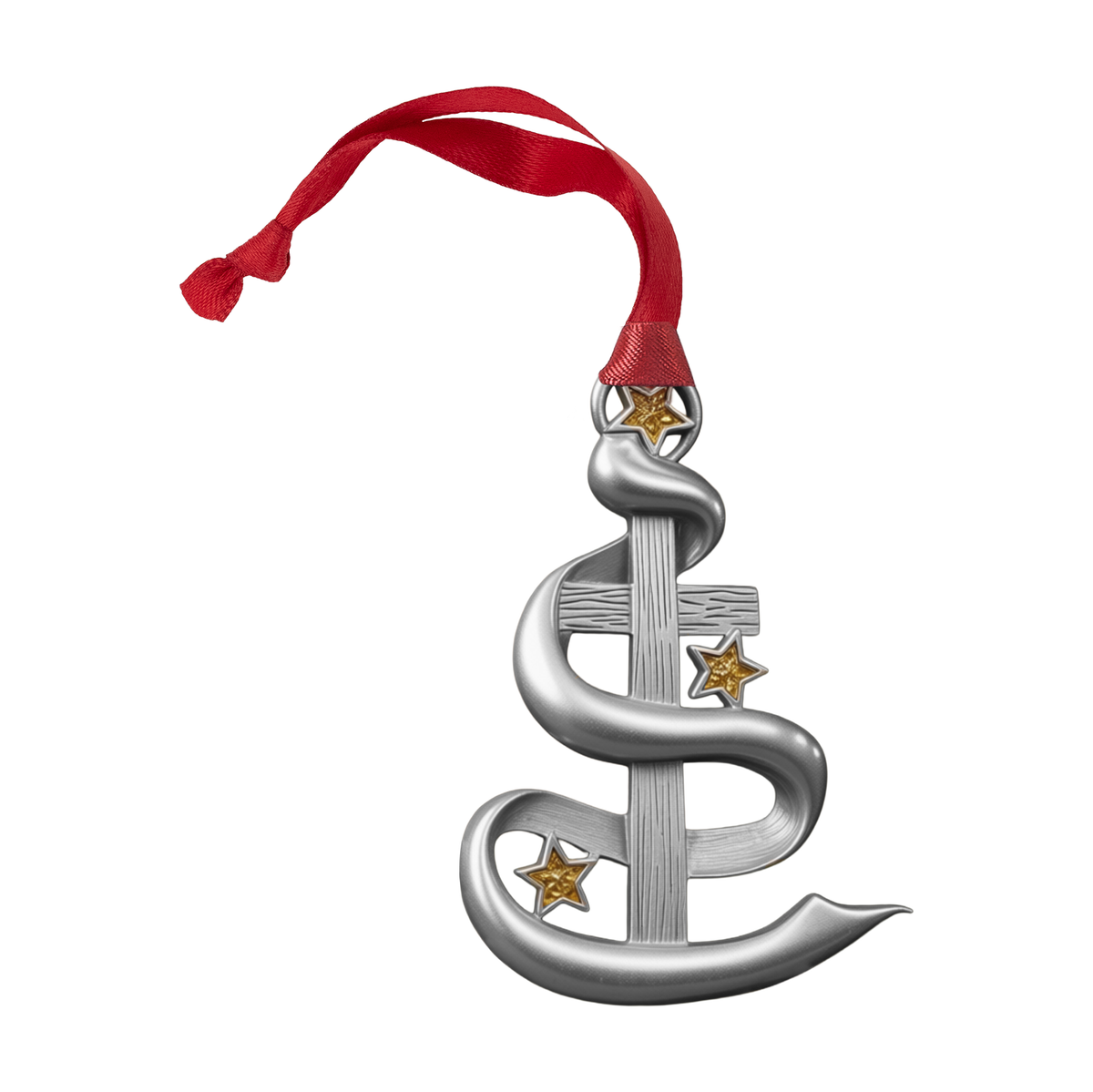 A silver Christmas ornament shaped like a ribbon with three small gold stars, presented in a red gift box labeled 'Ornaments of Faith' on a white background.