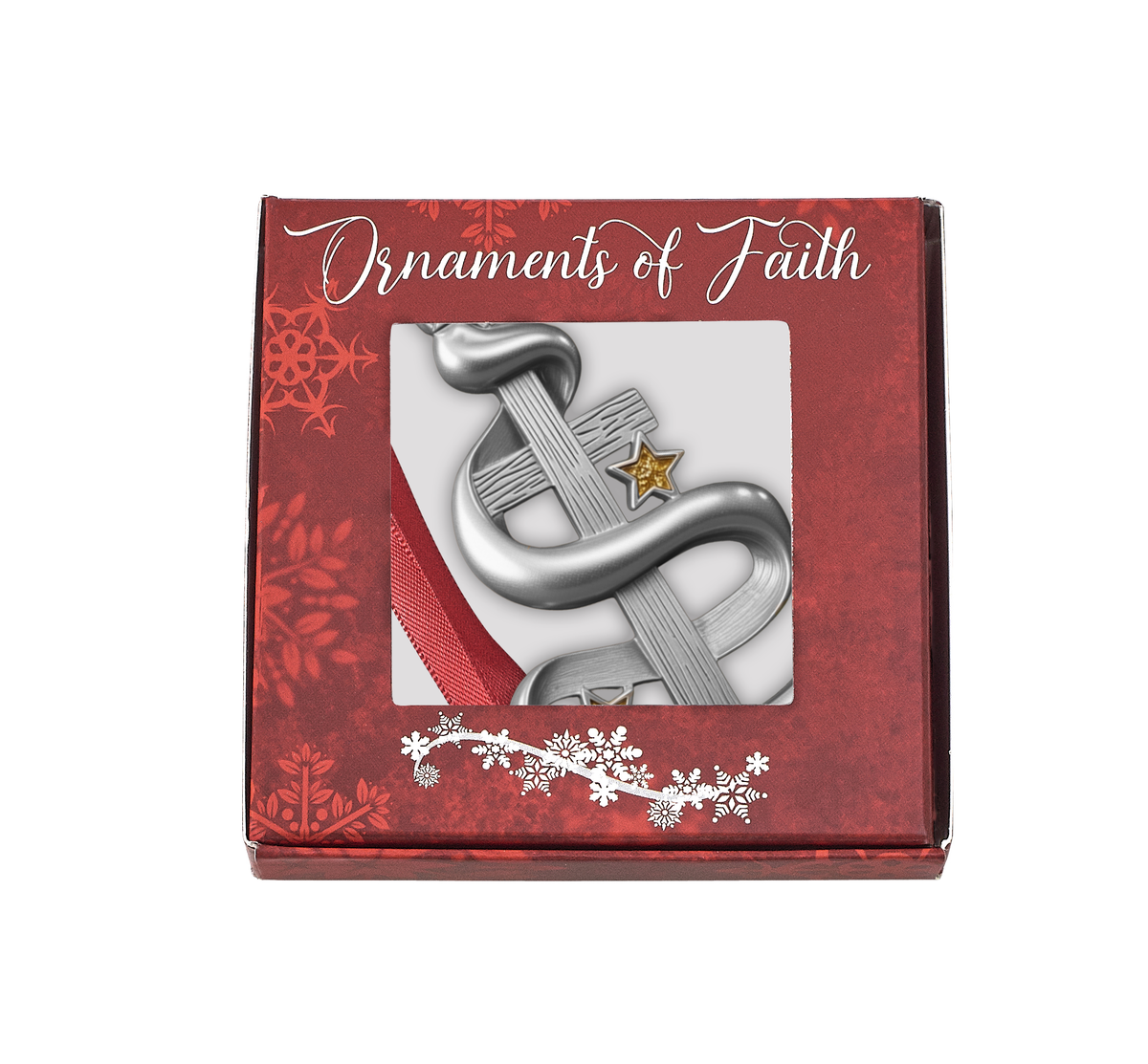 A silver Christmas ornament shaped like a ribbon with three small gold stars, presented in a red gift box labeled 'Ornaments of Faith' on a white background.