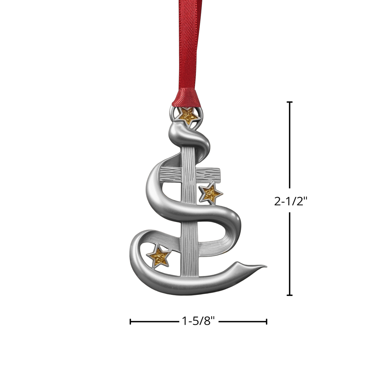 A silver Christmas ornament shaped like a ribbon with three small gold stars, presented in a red gift box labeled 'Ornaments of Faith' on a white background.