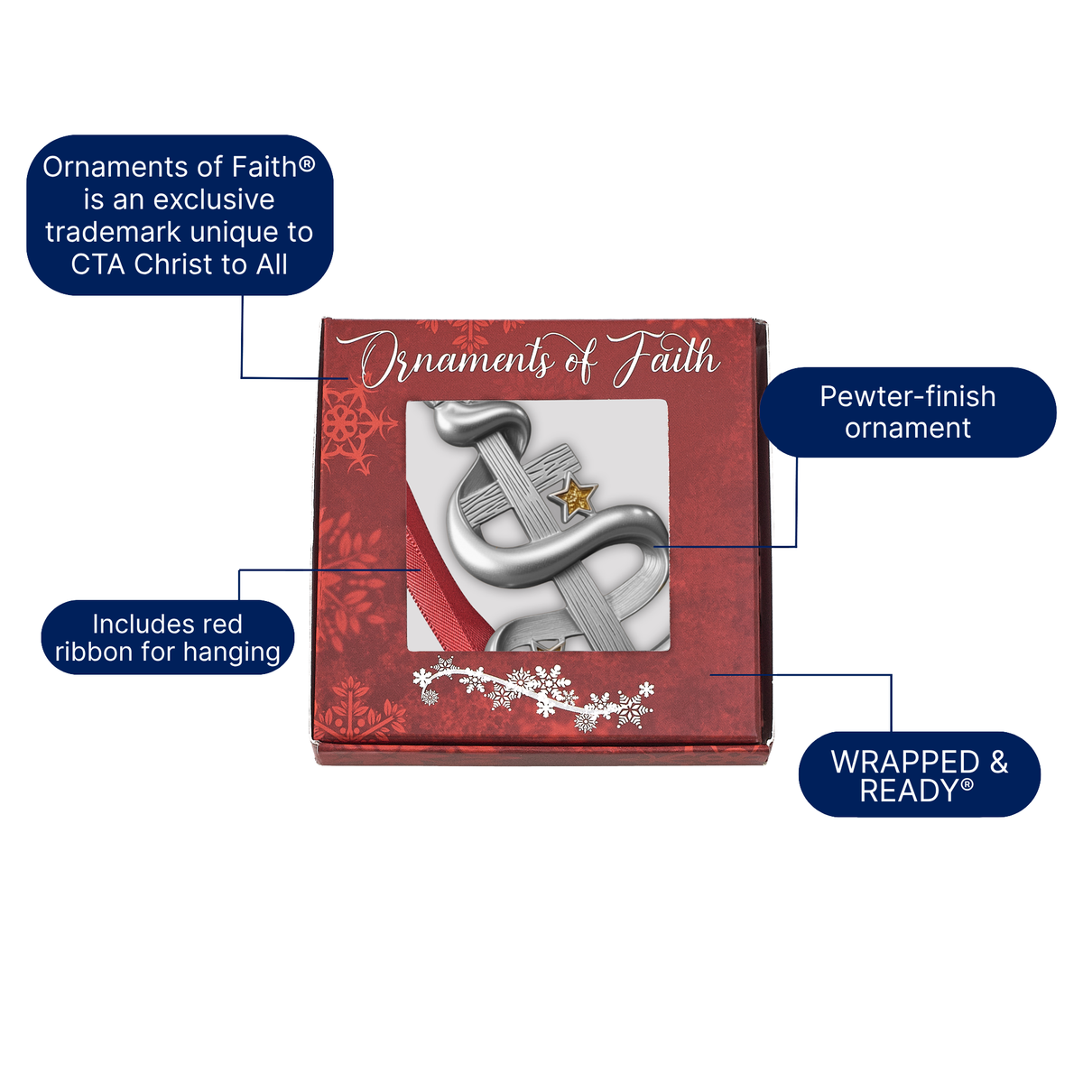A boxed ornament product shown on a white background with callout labels. The main subject is a red square gift box with a clear window revealing a pewter-colored ornament with a small gold star. A silver Christmas ornament shaped like a ribbon with three small gold stars, presented in a red gift box labeled 'Ornaments of Faith' on a white background.