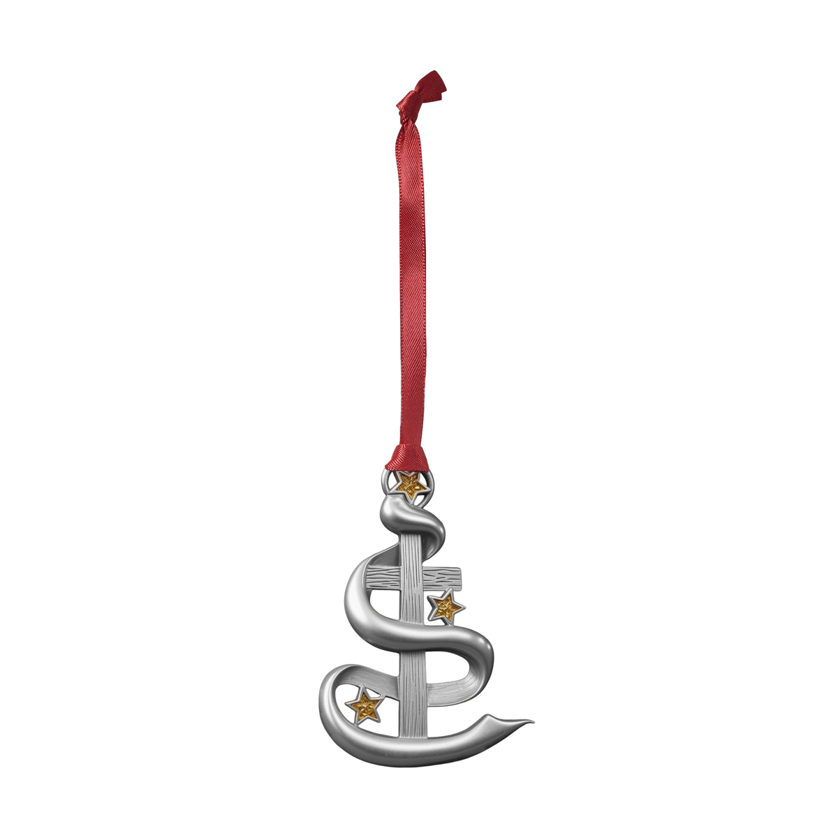  A silver Christmas ornament shaped like a ribbon with three small gold stars, presented in a red gift box labeled 'Ornaments of Faith' on a white background.