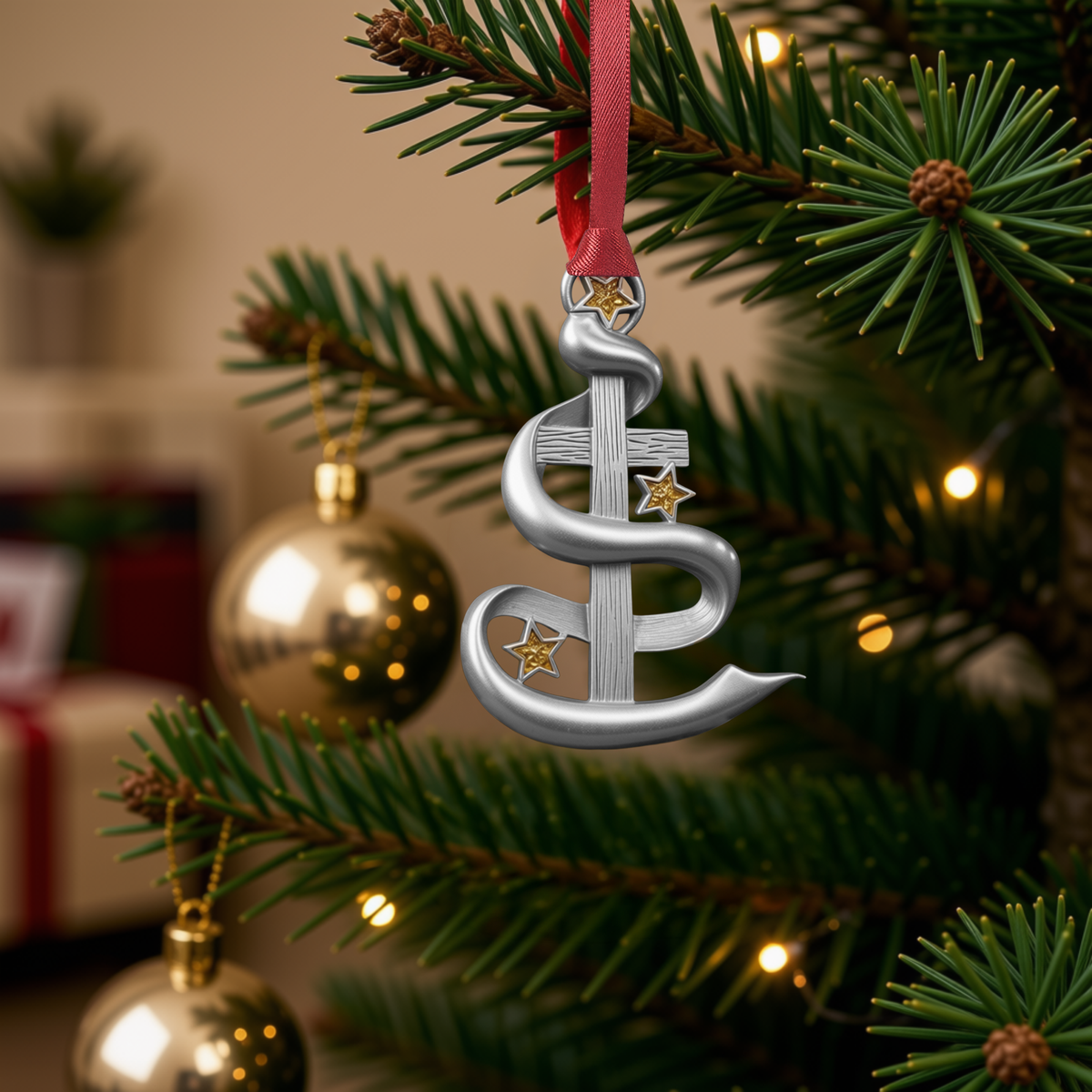 A silver-toned metal Christmas ornament featuring a relief carving of the Holy Family, hanging from a red ribbon on a decorated Christmas tree branch with warm lights in the background, by CTA Christ to All and CTA Gifts.