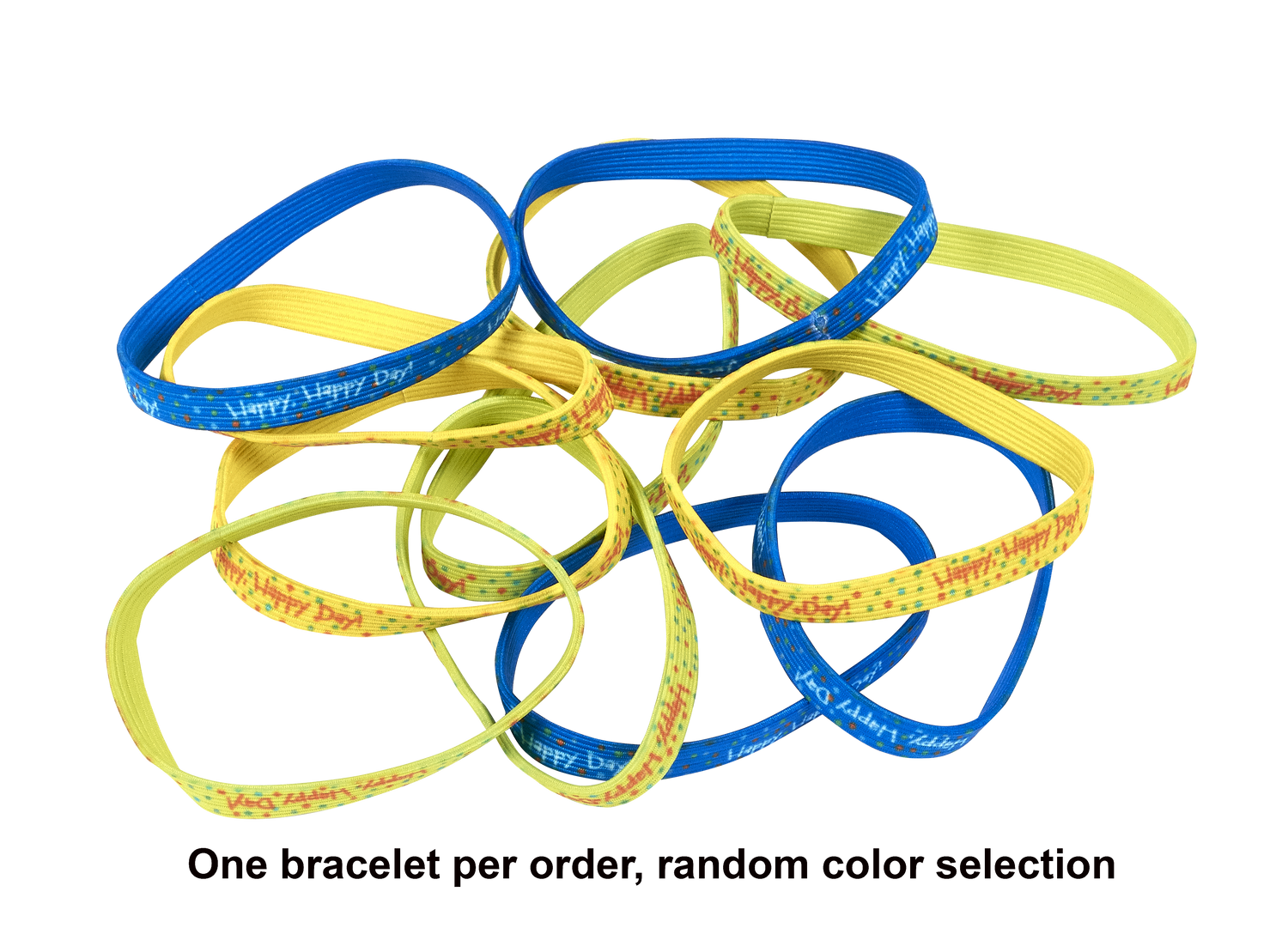 Happy, Happy Day Elastic bracelets in a variety of colors with text