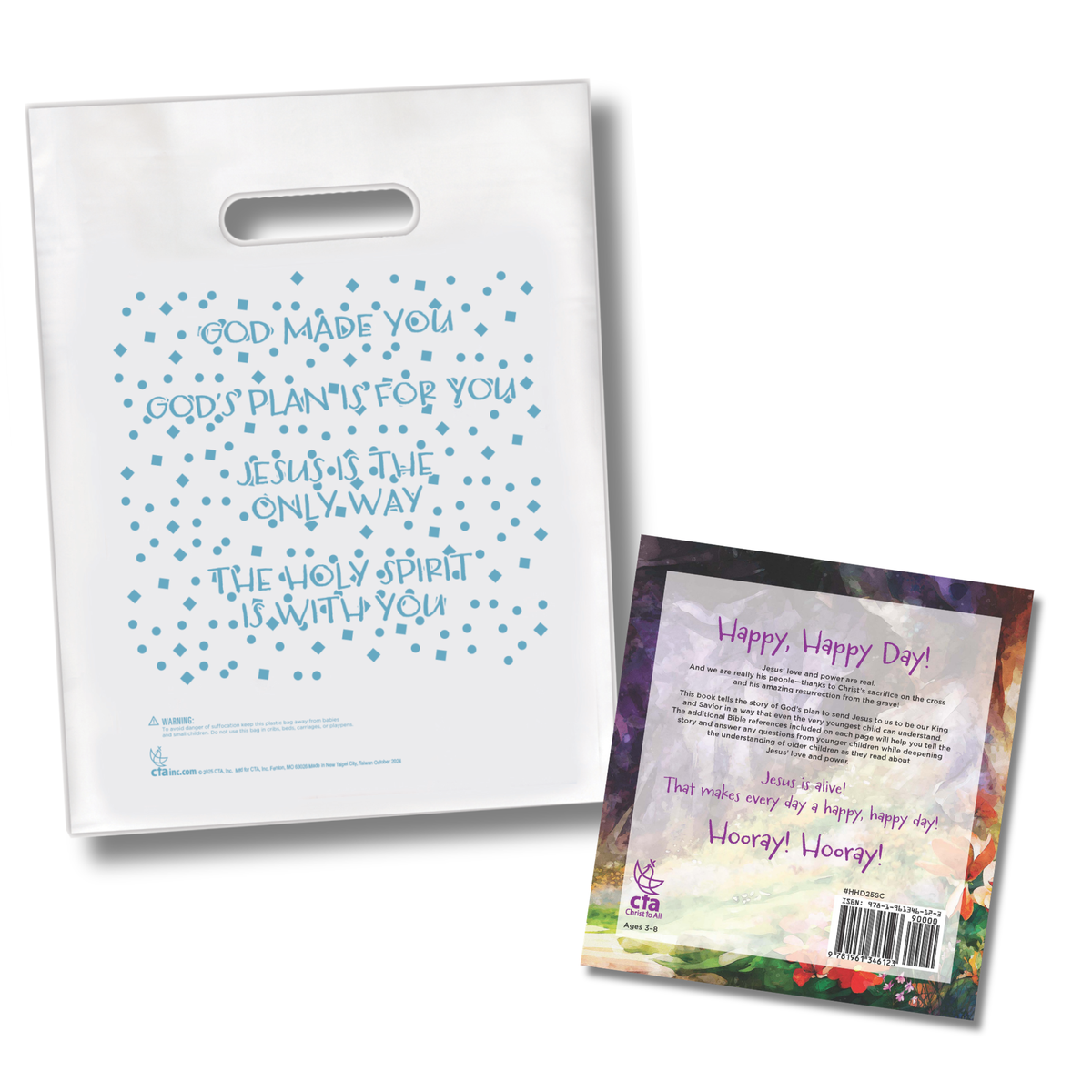 White plastic bag with text and a colorful card on a white background by CTA Christ to All and CTAKids.