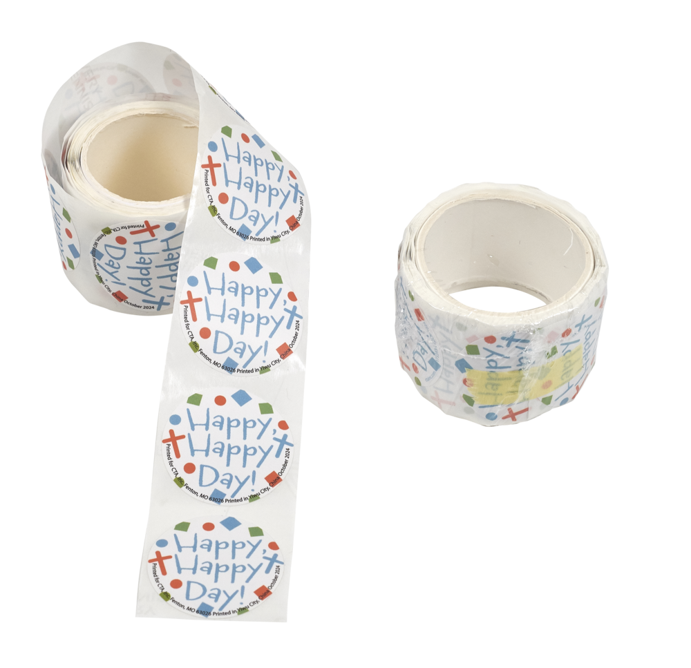 Roll of 100 “Happy, Happy Day!” confetti stickers, each 1¼" round—perfect for name tags, goodie bags, candy bars, and kids ministry activities.
615122-17334-3