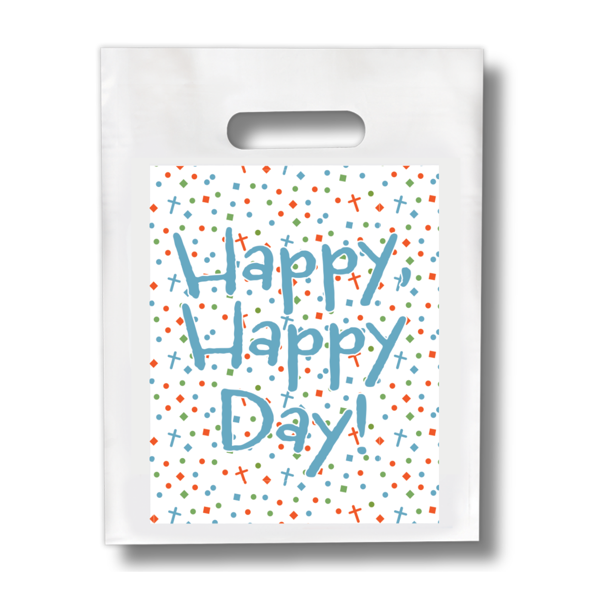White bag with colorful confetti pattern and 'Happy Happy Day!' text on a white background by CTA Christ to All & CTAKids.