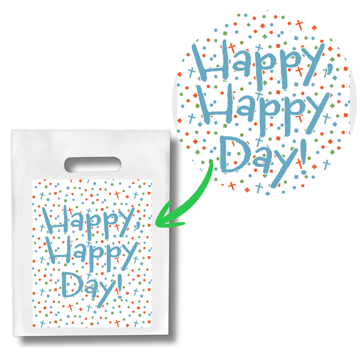 White bag with 'Happy Happy Day!' text and confetti design, next to a similar design on a white background by CTA Christ to All & CTAKids.