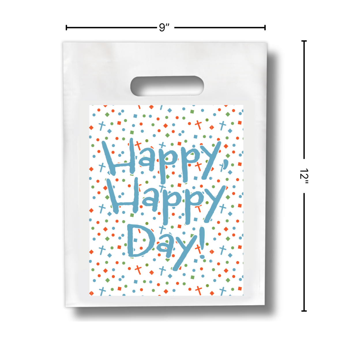 White plastic bag with 'Happy, Happy Day!' text and colorful confetti pattern, dimensions shown by CTA Christ to All and CTAKids.