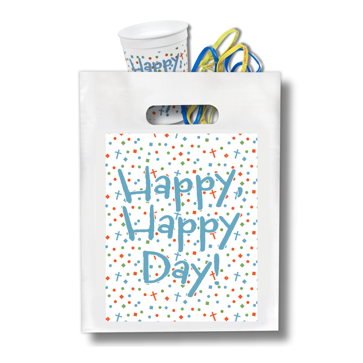 White bag with 'Happy Happy Day!' text and colorful confetti, containing a cup and scissors by CTA Christ to All and CTAKids.