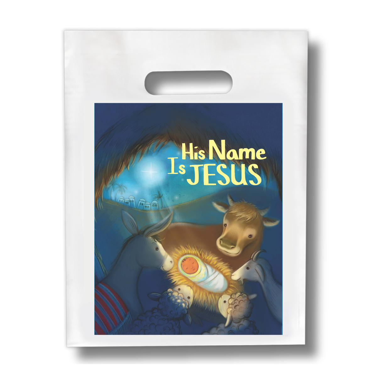 White gift bag with 'His Name Is Jesus' design featuring a nativity scene by CTA Christ to All & CTAKids.