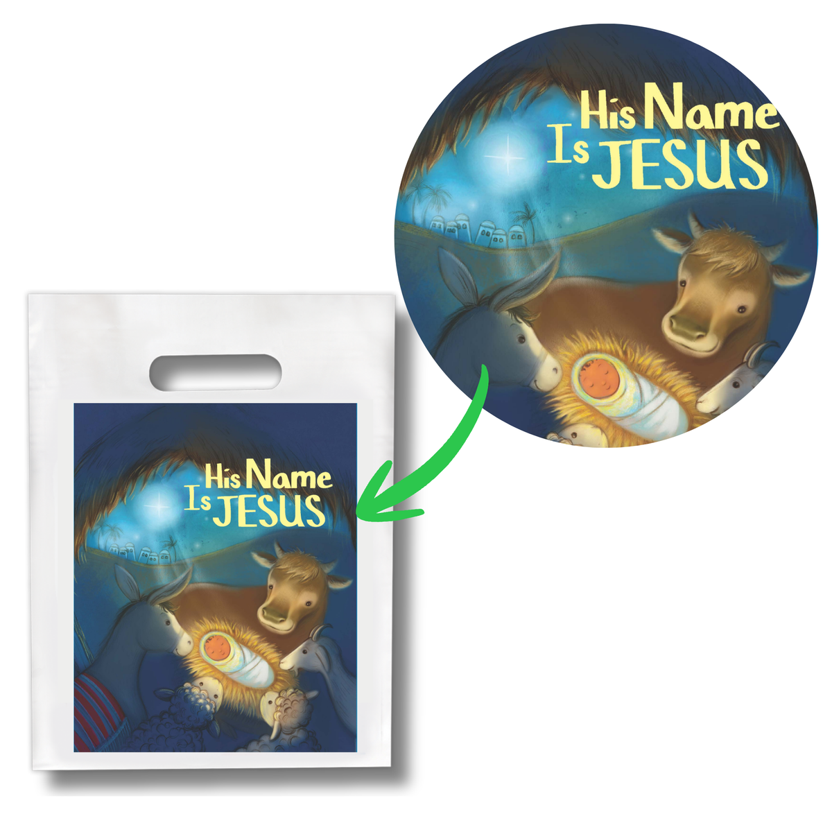 Product packaging with 'His Name Is Jesus' design featuring a bull and lamb, with a circular inset showing the same design by CTA Christ to All & CTAKids.