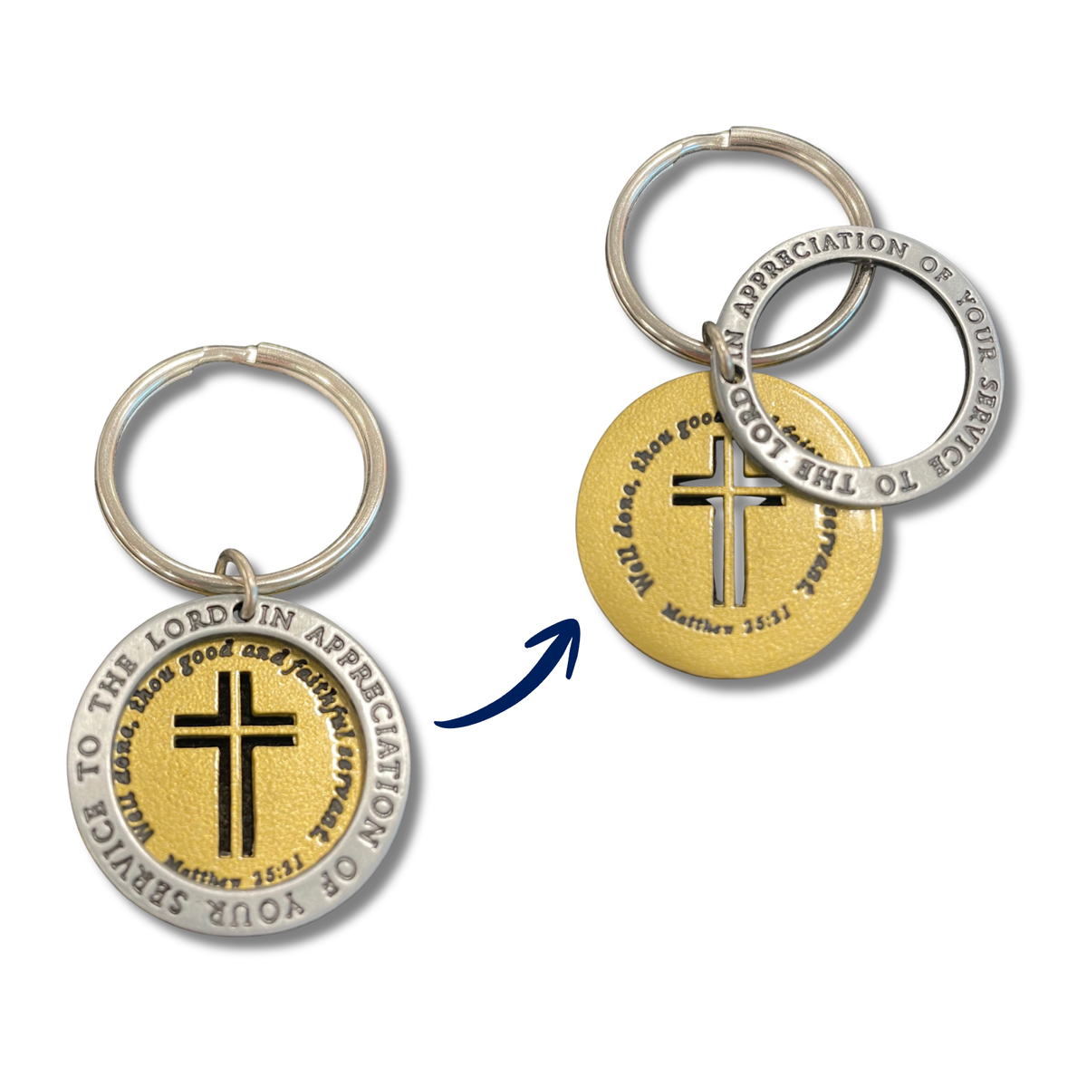 Two views of a round religious keychain on a plain white background: one silver-toned and one gold-toned, both with engraved text around a cross and keyring. A blue arrow points from the silver view to the gold view by CTA Christ to All and CTA Gifts.