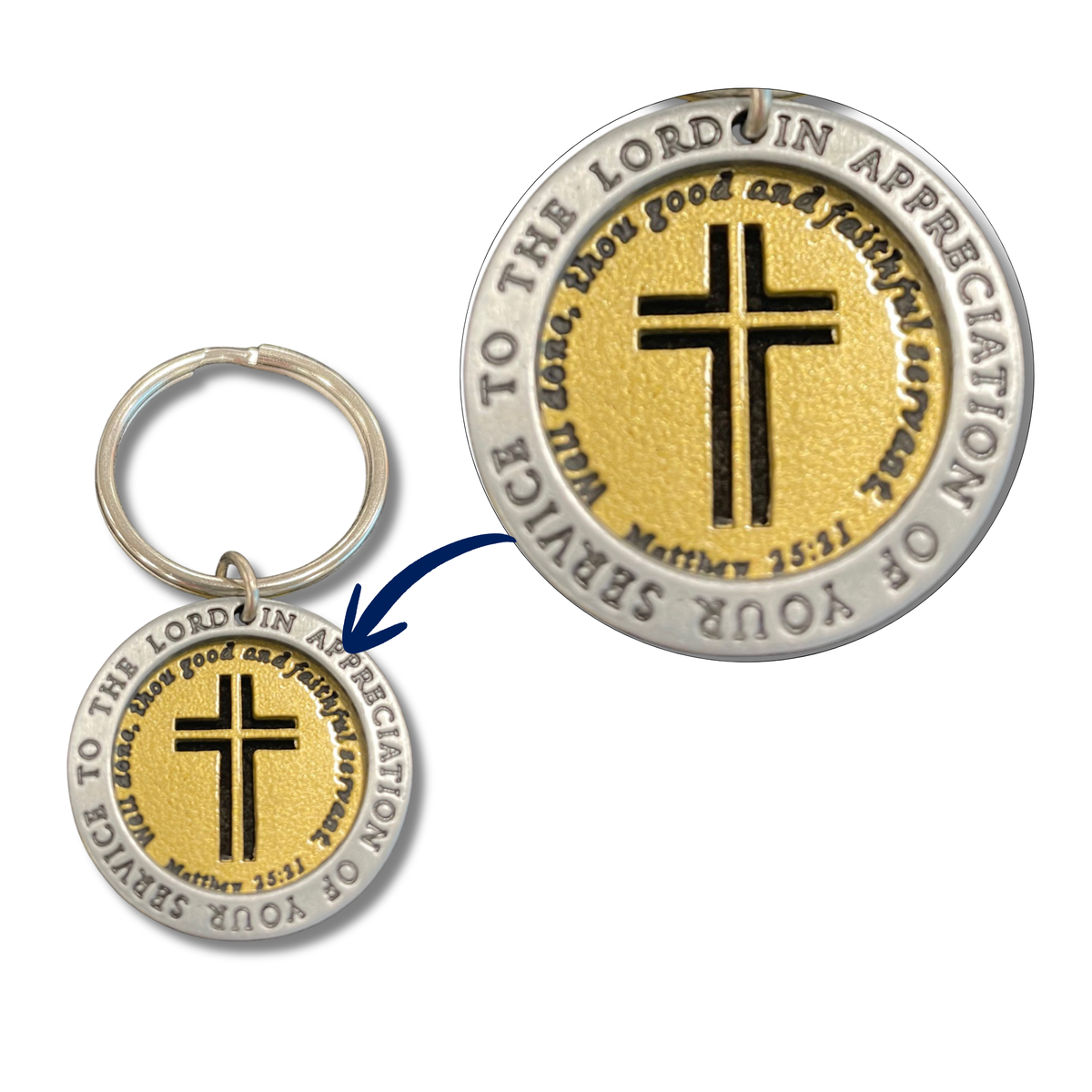 A round religious keychain shown in two views on a white background: one close-up of the front design and one view of the keychain with a split ring. The design features a textured gold center with a black cross, surrounded by a silver border with engraved text reading 'TO THE LORD IN APPRECIATION OF YOUR SERVICE MATTHEUS 23:11' by CTA Christ to All and CTA Gifts.