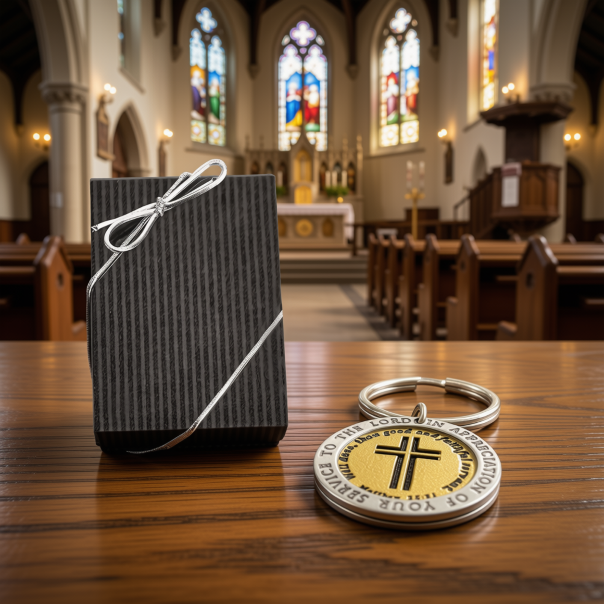 A silver-toned religious keychain with a gold medallion featuring a cross and engraved text, displayed next to a black gift box with a silver ribbon on a wooden table in a church interior by CTA Christ to All and CTA Gifts.