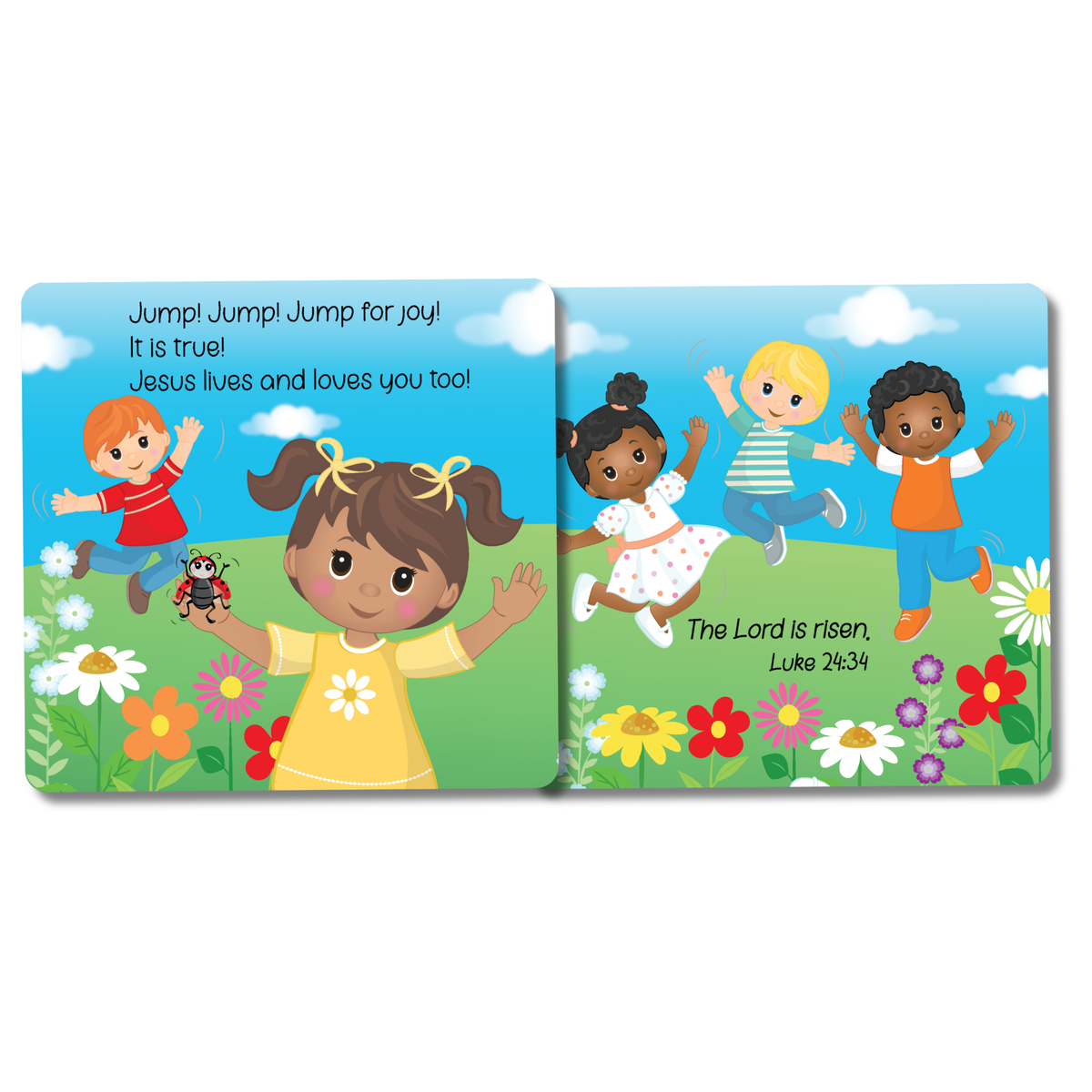 Children's book with colorful illustrations of children and flowers on a white background by CTA Christ to All and CTAKids.