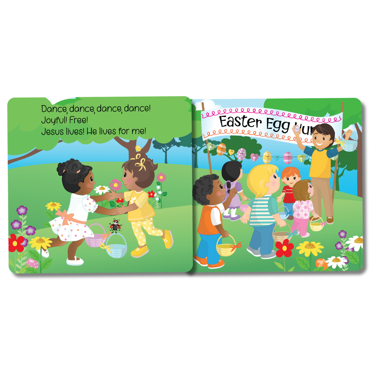 Two children's books with colorful illustrations of children and Easter eggs on a white background by CTA Christ to All and CTAKids.