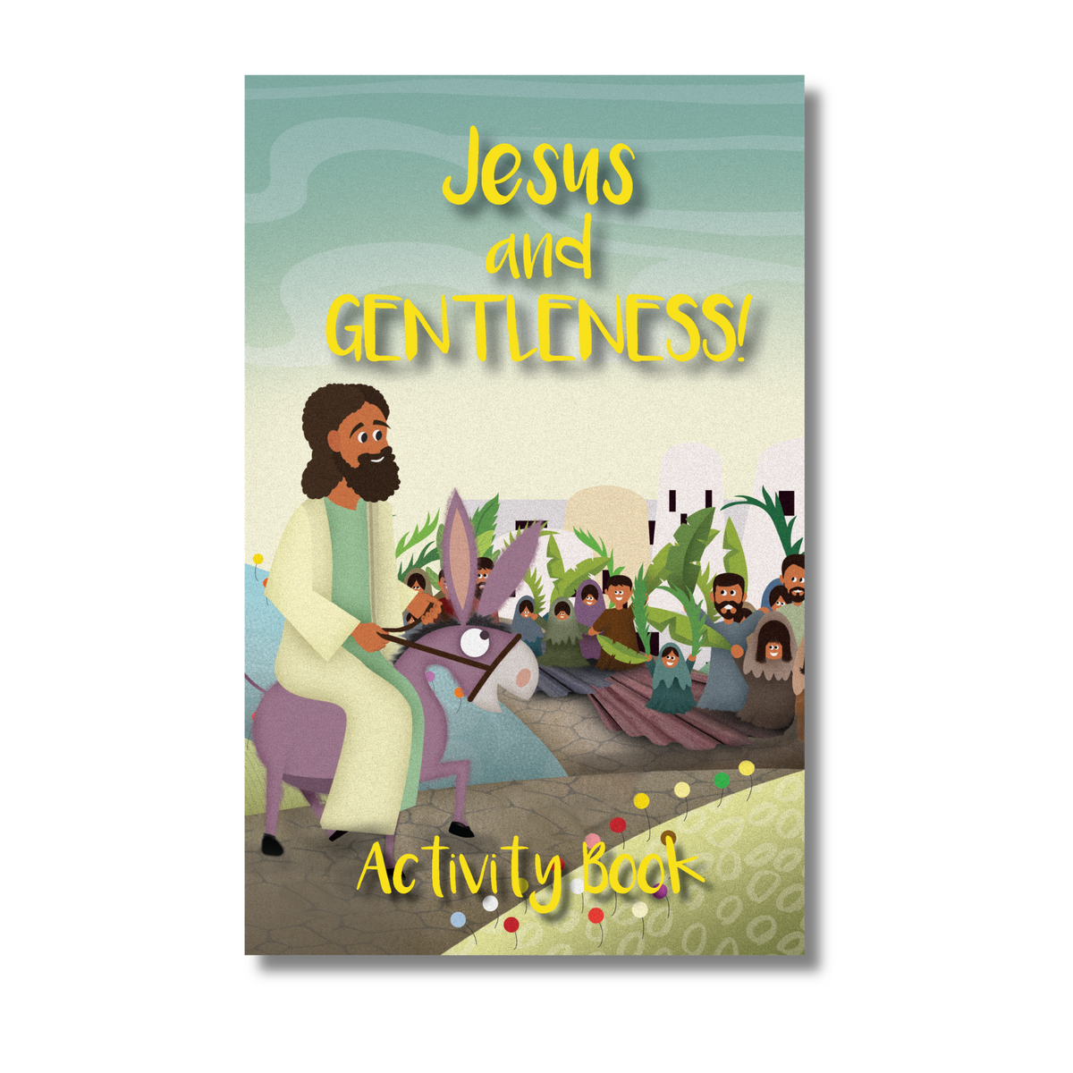 Activity book cover titled 'Jesus and Gentleness' with a colorful illustration of Jesus and people on a white background by CTA Christ to All & CTAKids.