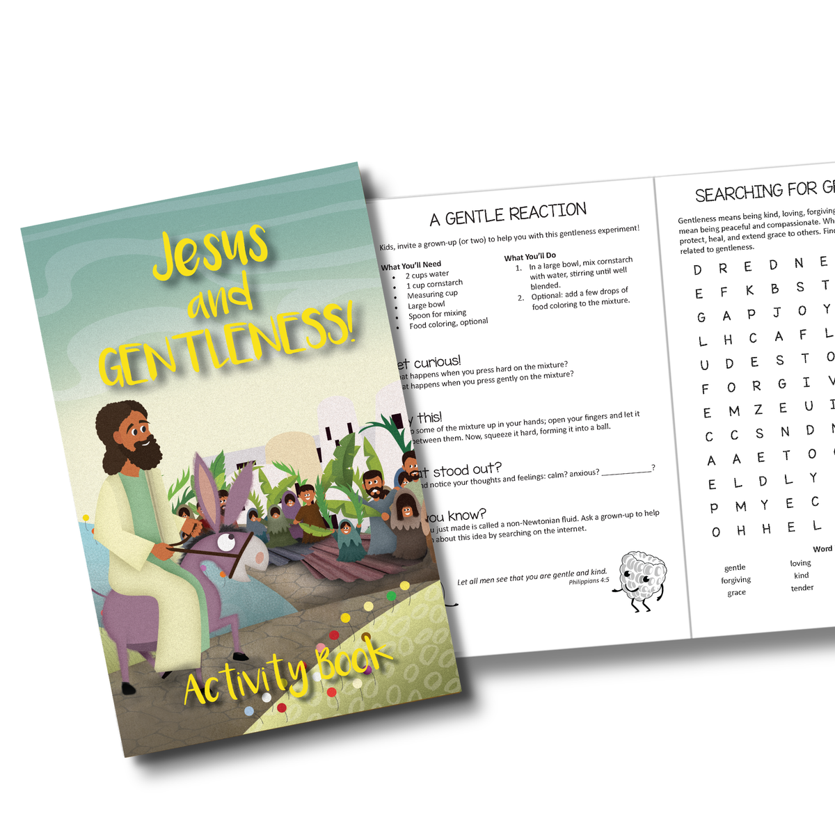 Activity book titled 'Jesus and Gentleness' with a printed worksheet on a white background by CTA Christ to All & CTAKids.