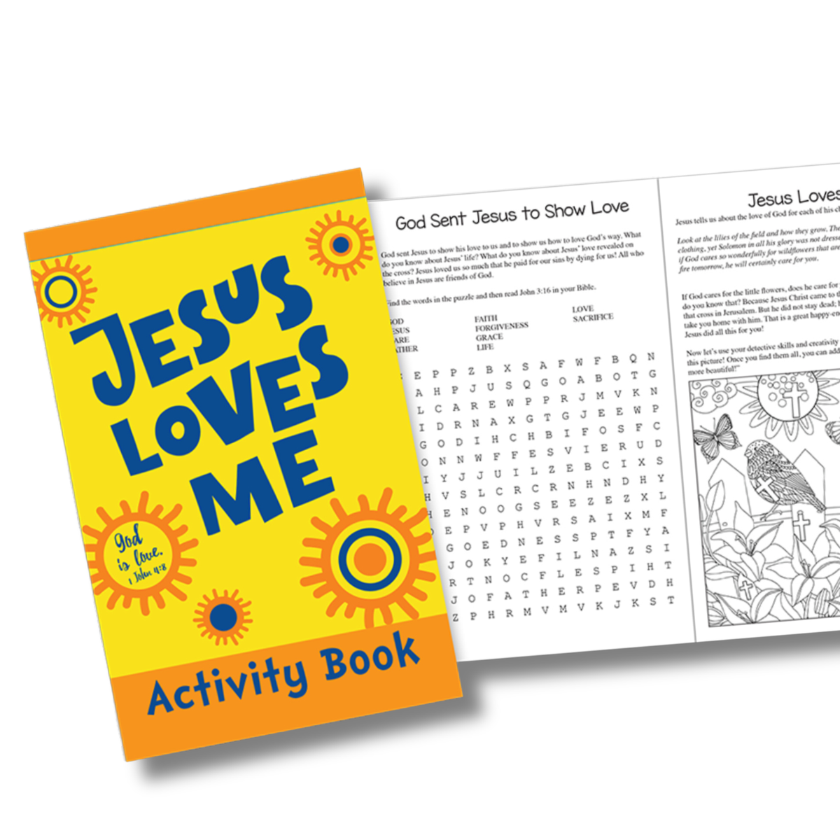Activity book titled 'Jesus Loves Me' with a yellow cover and orange border, showing a sample page by CTA Christ to All & CTAKids.