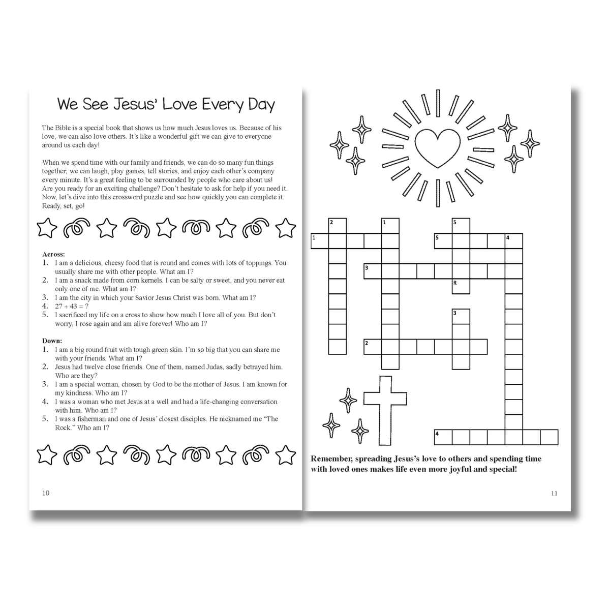 Open book showing a crossword puzzle and text about seeing Jesus' love every day by CTA Christ to All and CTAKids.