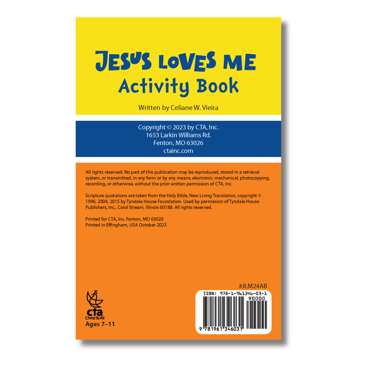 Back cover of 'Jesus Loves Me Activity Book' with yellow, blue, and orange design by CTA Christ to All and CTAKids.