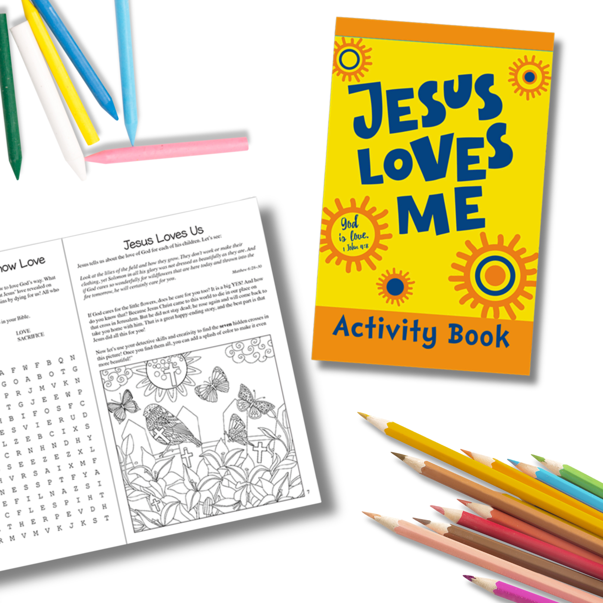 Activity book titled 'Jesus Loves Me' with coloring pages and pencils on a white background by CTA Christ to All and CTAKids.