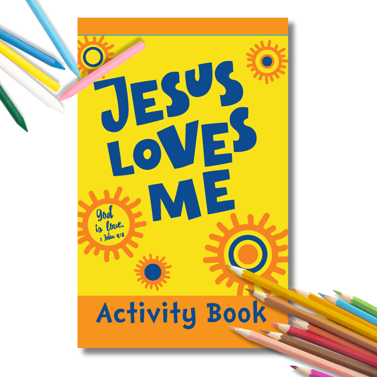 Activity book titled 'Jesus Loves Me' with colorful pencils on a white background by CTA Christ to All and CTAKids.