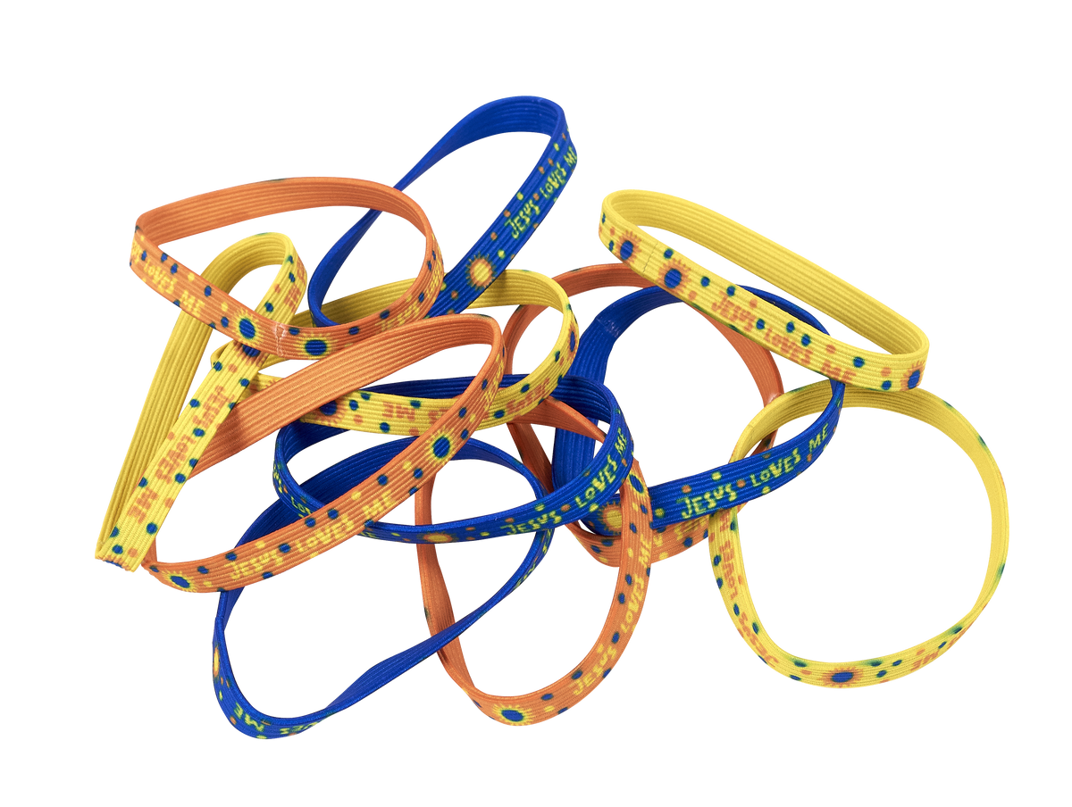 Elastic “Jesus Loves Me!” bracelet, 3¾" diameter, comes in 3 assorted colors with matching colorful artwork.
615122-17329-9