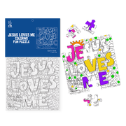 “Jesus Loves Me” color-your-own 25-piece puzzle (4¾" x 4¾")—kids color, assemble, and share the puzzle to reveal Jesus’ message of love.
615122-16264-4