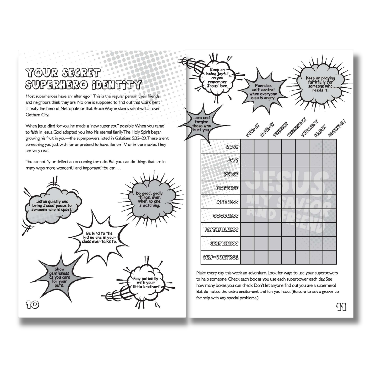 Page from a book titled 'Your Secret Superhero Identity' with superhero-themed text and checkboxes by CTA Christ to All and CTAKids.