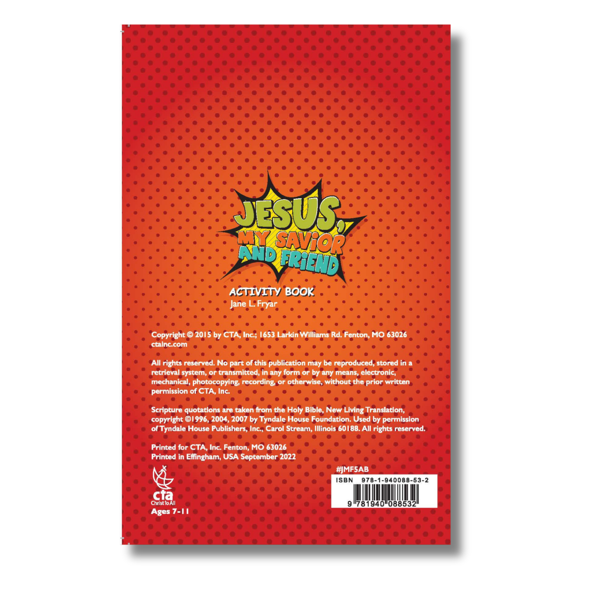 Back cover of an activity book titled 'Jesus, My Savior and Friend' with a red and orange gradient background by CTA Christ to All and CTAKids.