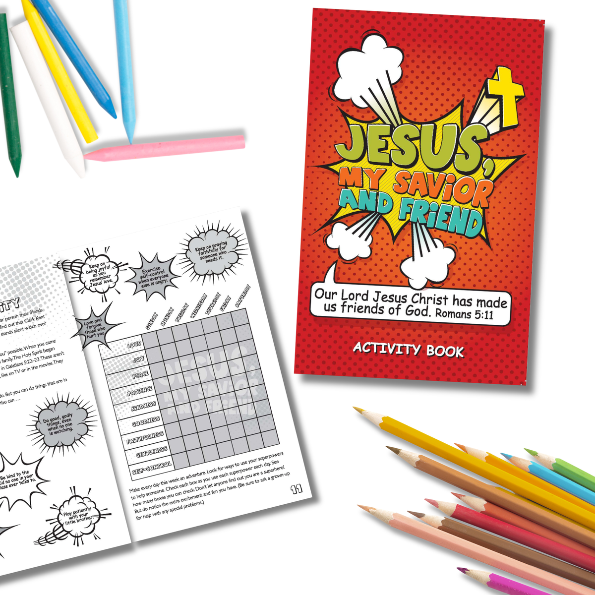 Activity book titled 'Jesus, My Savior and Friend' with coloring pencils on a white background by CTA Christ to All and CTAKids.